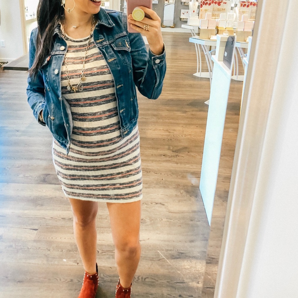 Ribbed Striped Mini Dress - Red, Navy and Cream